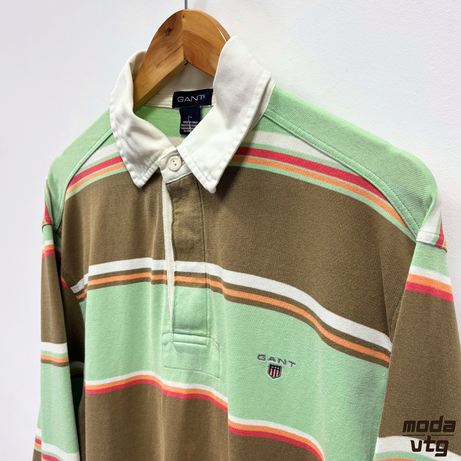 Vintage Y2K GANT Rugby Polo Brown Green Large Striped Retro