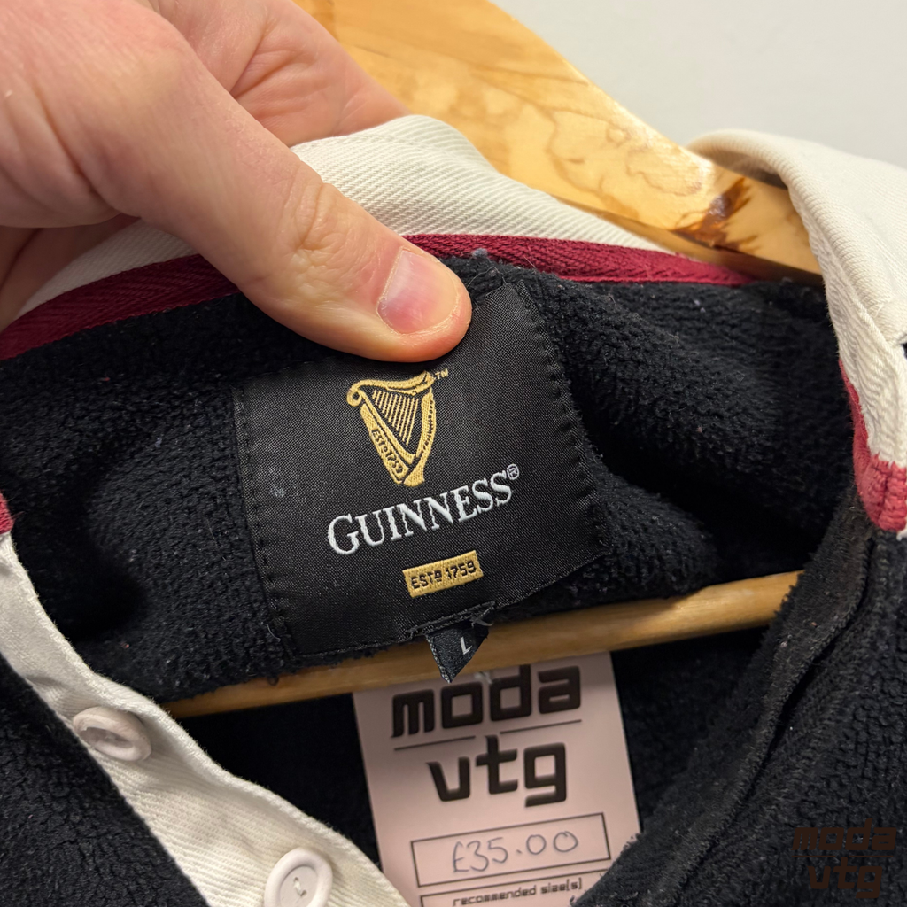 Vintage Y2K Guinness Rugby Polo Fleece Burgundy Black Large Striped Unisex Retro