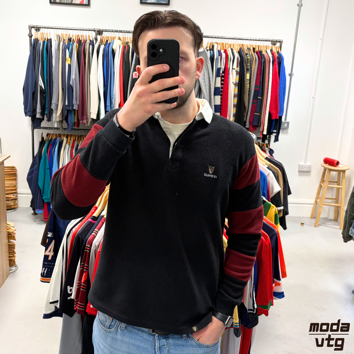 Vintage Y2K Guinness Rugby Polo Fleece Burgundy Black Large Striped Unisex Retro