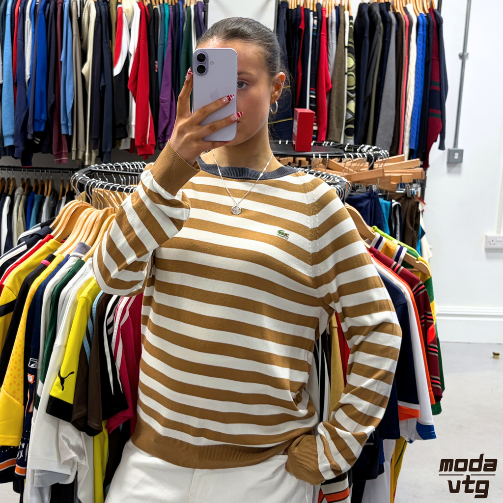 Vintage Y2K Lacoste Knitted Jumper Brown Medium Unisex Retro Striped Lightweight