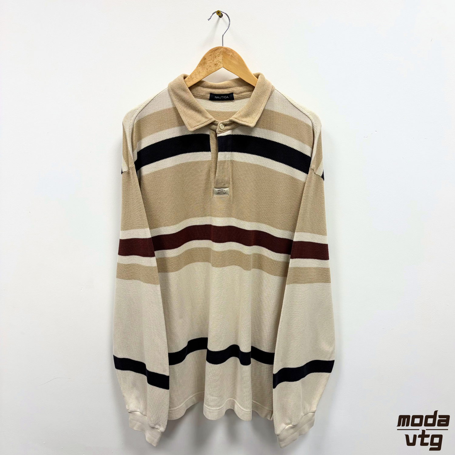 Vintage Y2K Nautica Polo Beige XL Striped Long Sleeve Retro