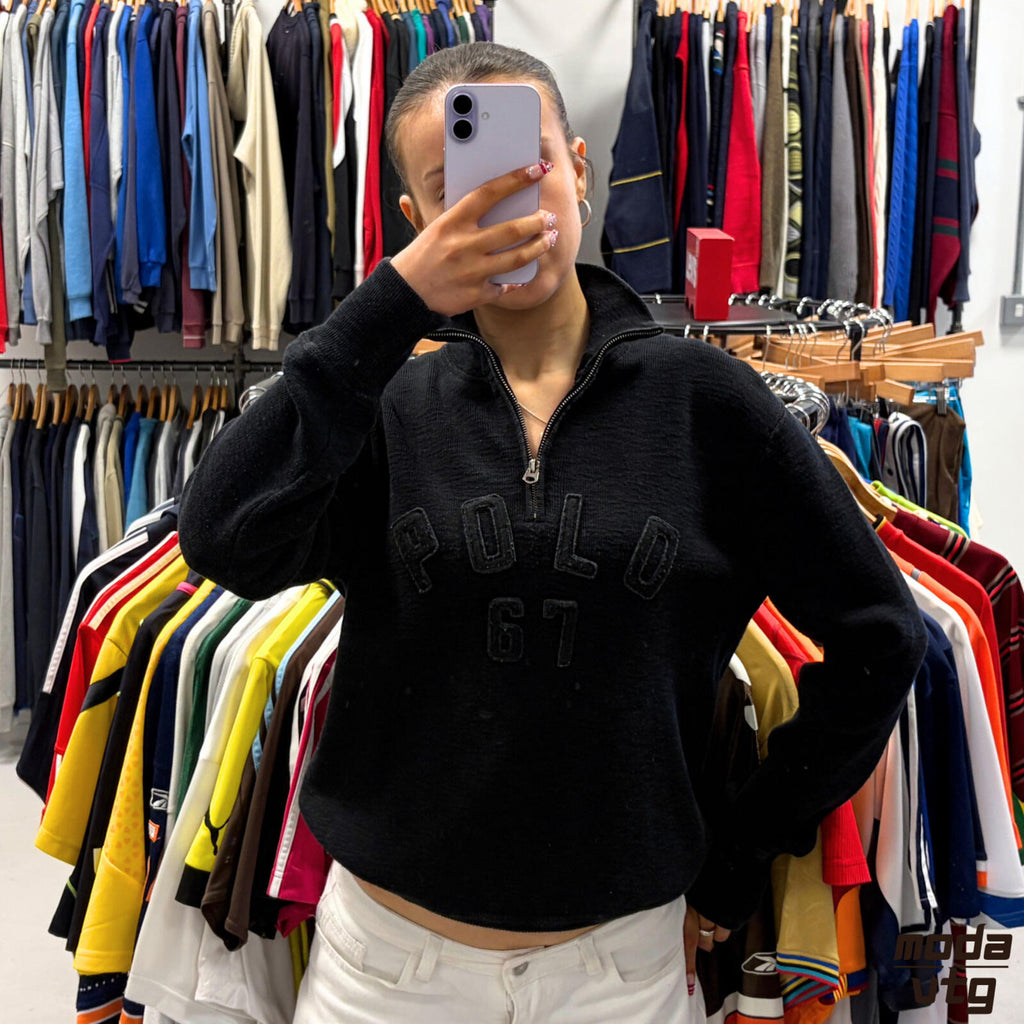 Vintage Y2K Ralph Lauren Knitted Sweatshirt Black Small Unisex Retro Quarter Zip