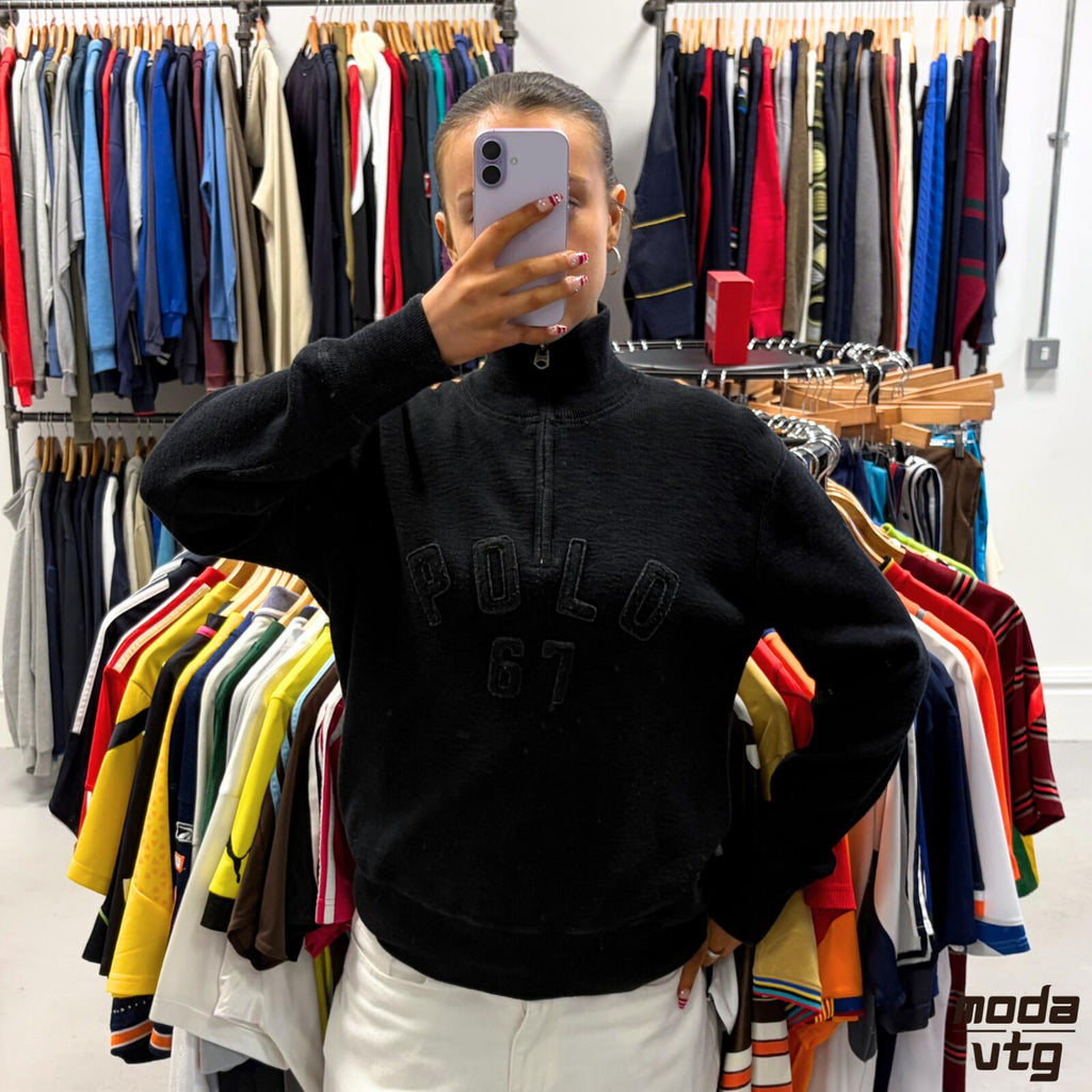 Vintage Y2K Ralph Lauren Sweatshirt Black Small Unisex Retro Quarter Zip