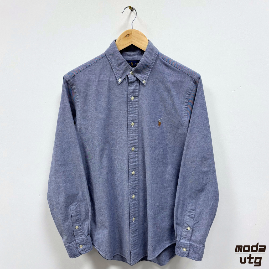 Vintage Y2K Ralph Lauren Shirt Blue Medium Long Sleeve Slim Stretched Oxford