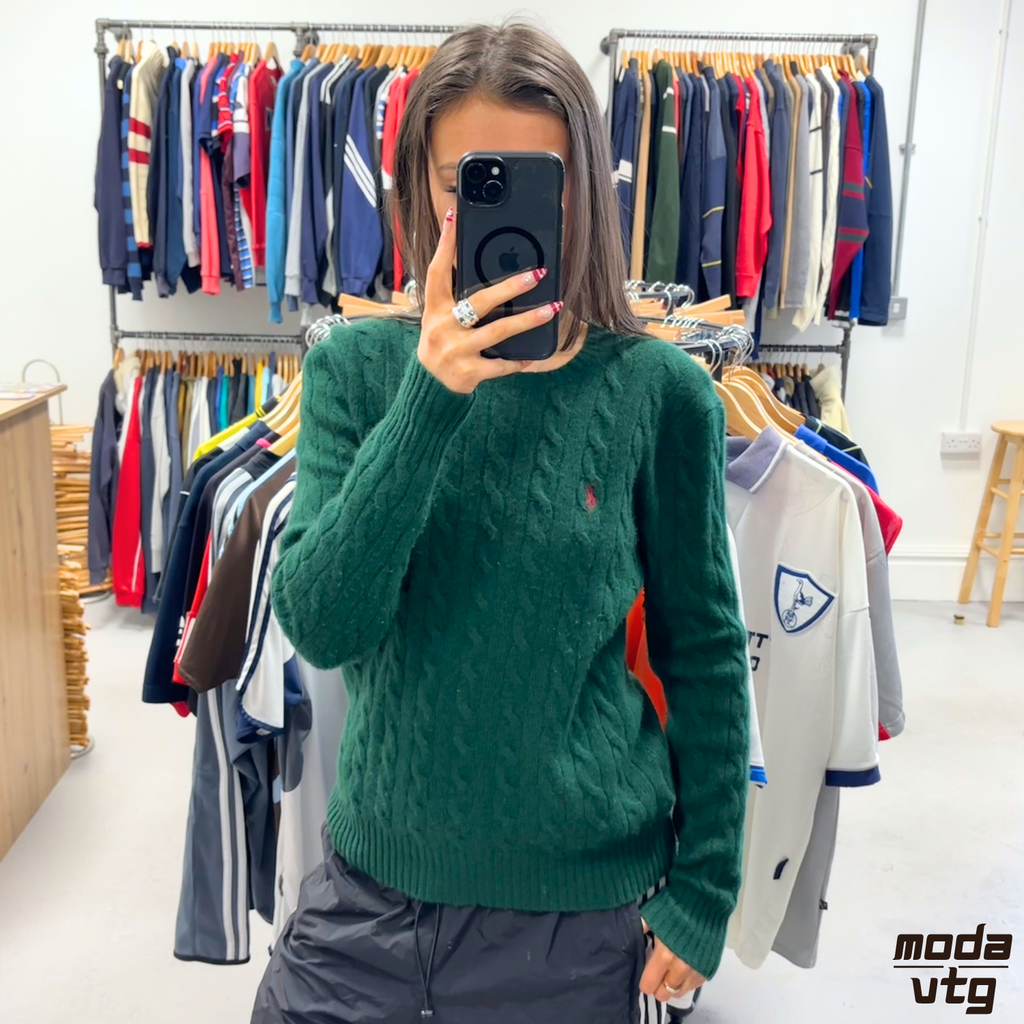 Vintage Y2K Ralph Lauren Knitted Jumper Green Small Retro Unisex Cable