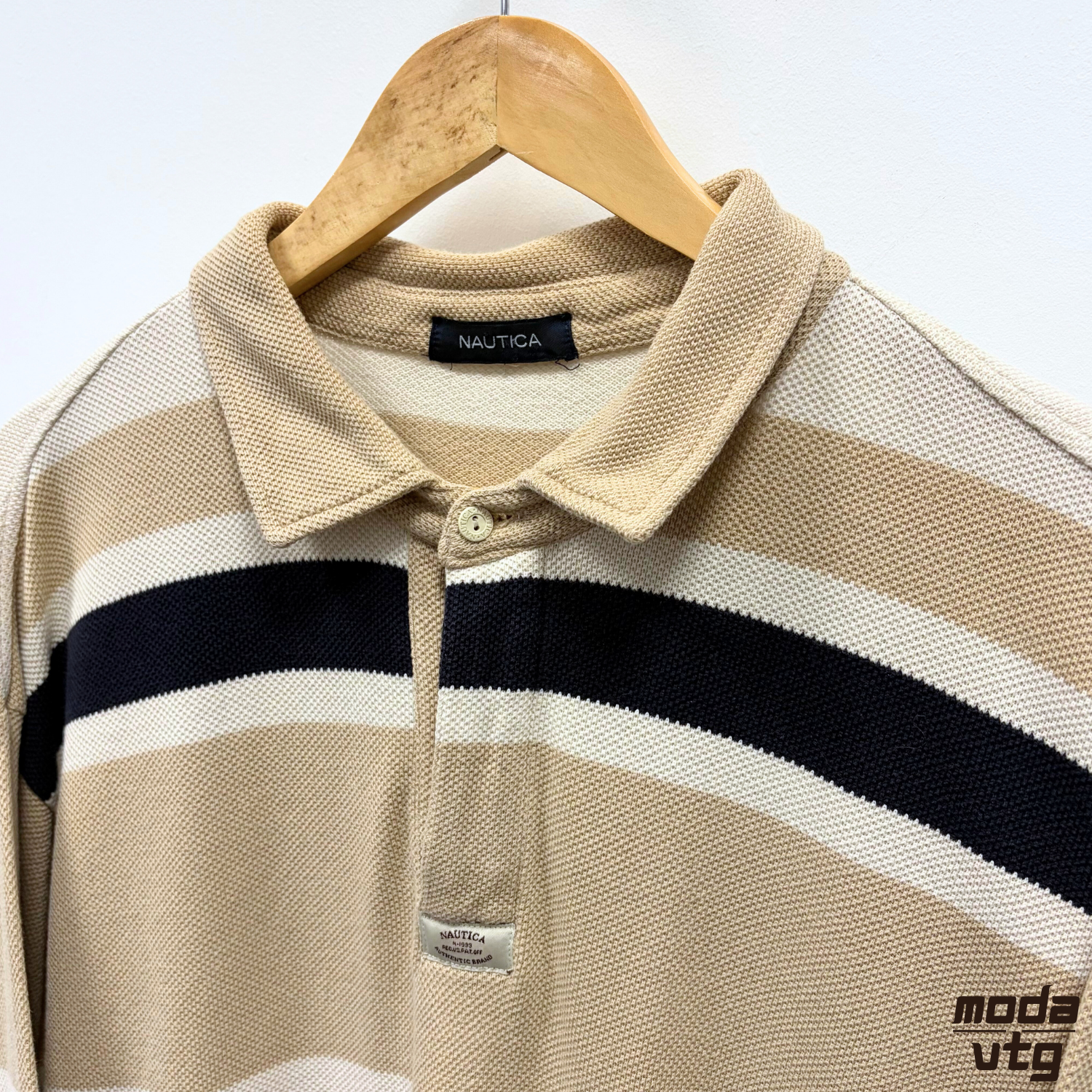 Vintage Y2K Nautica Polo Beige XL Striped Long Sleeve Retro