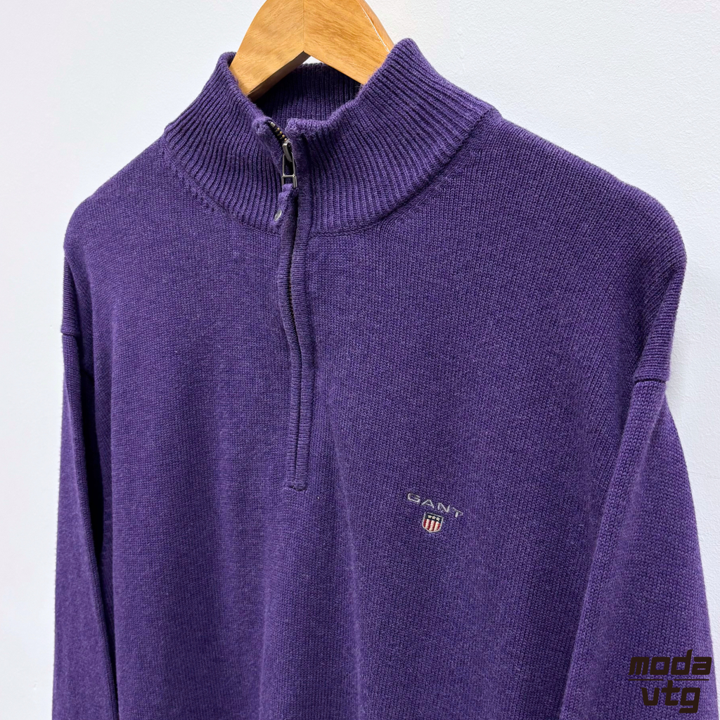 Vintage Y2K GANT Knitted Jumper Purple XL Quarter Zip