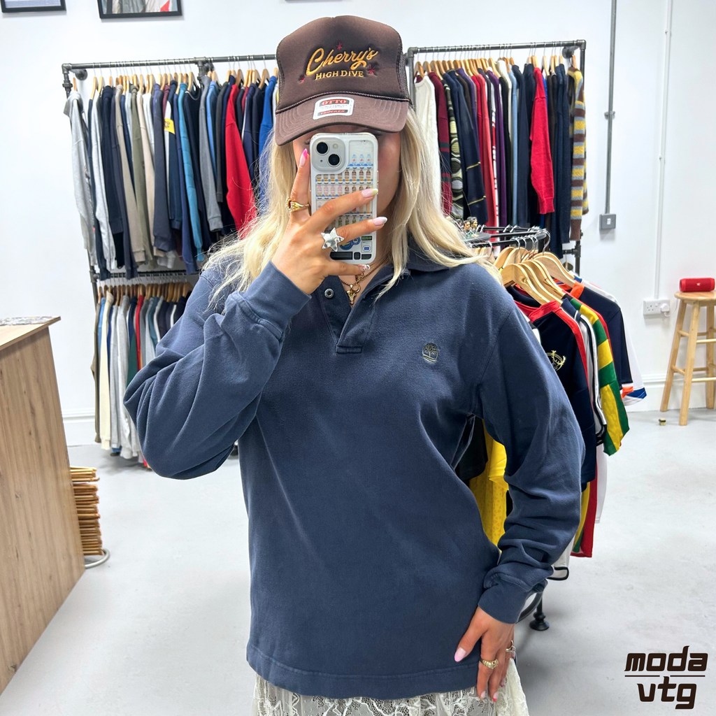 Vintage 90s Navy Timberland Polo Navy Medium Retro Long Sleeve